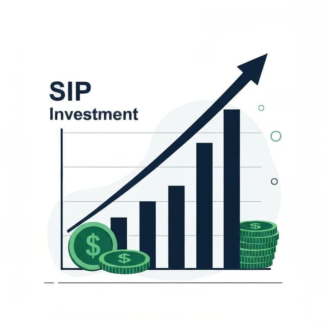 SIP investment growth illustration showing mutual fund investments with compound growth charts and monthly contributions